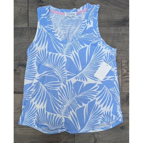 P.J. Salvage Lounge Pajama Set Palm Leaf Print Tank & Shorts Blue White Sz S - Picture 3 of 5